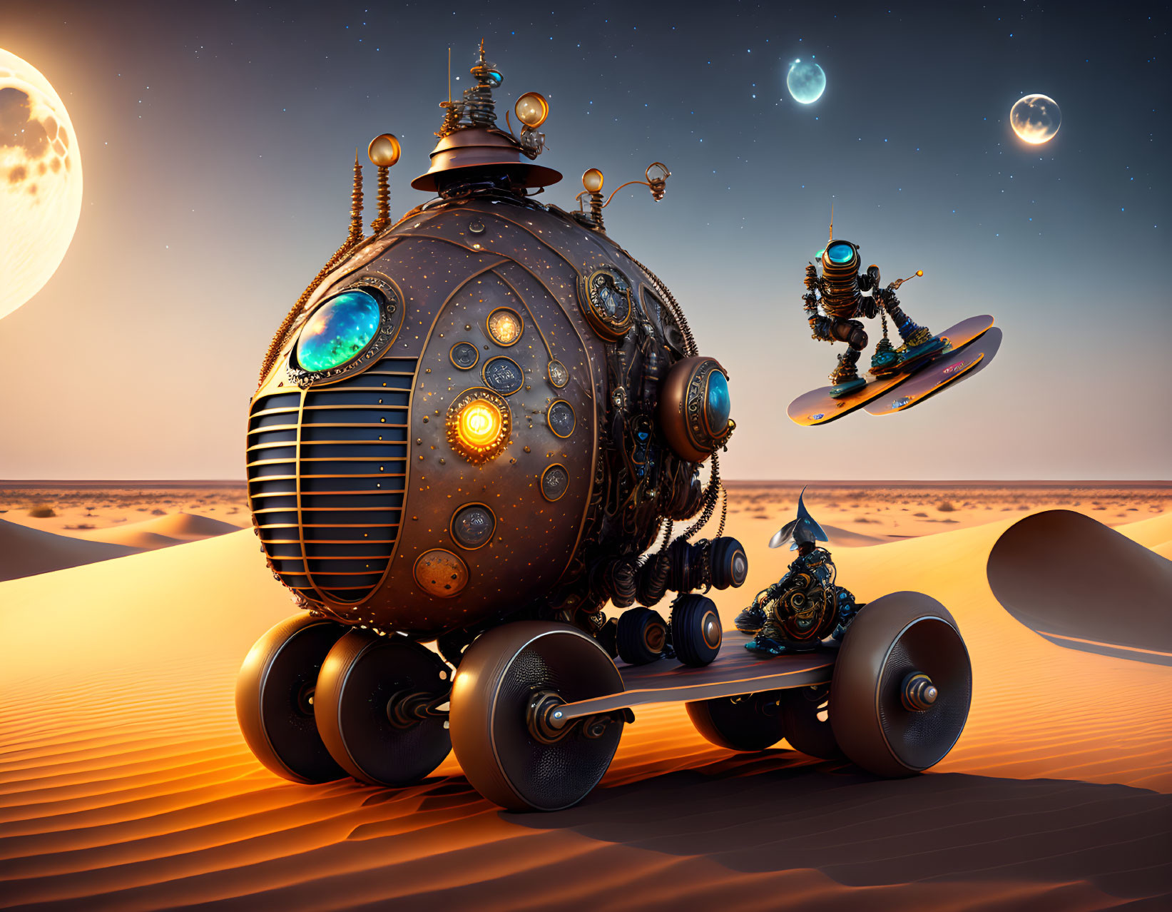 Futuristic steampunk vehicle and hoverboarding robot in desert with multiple moons
