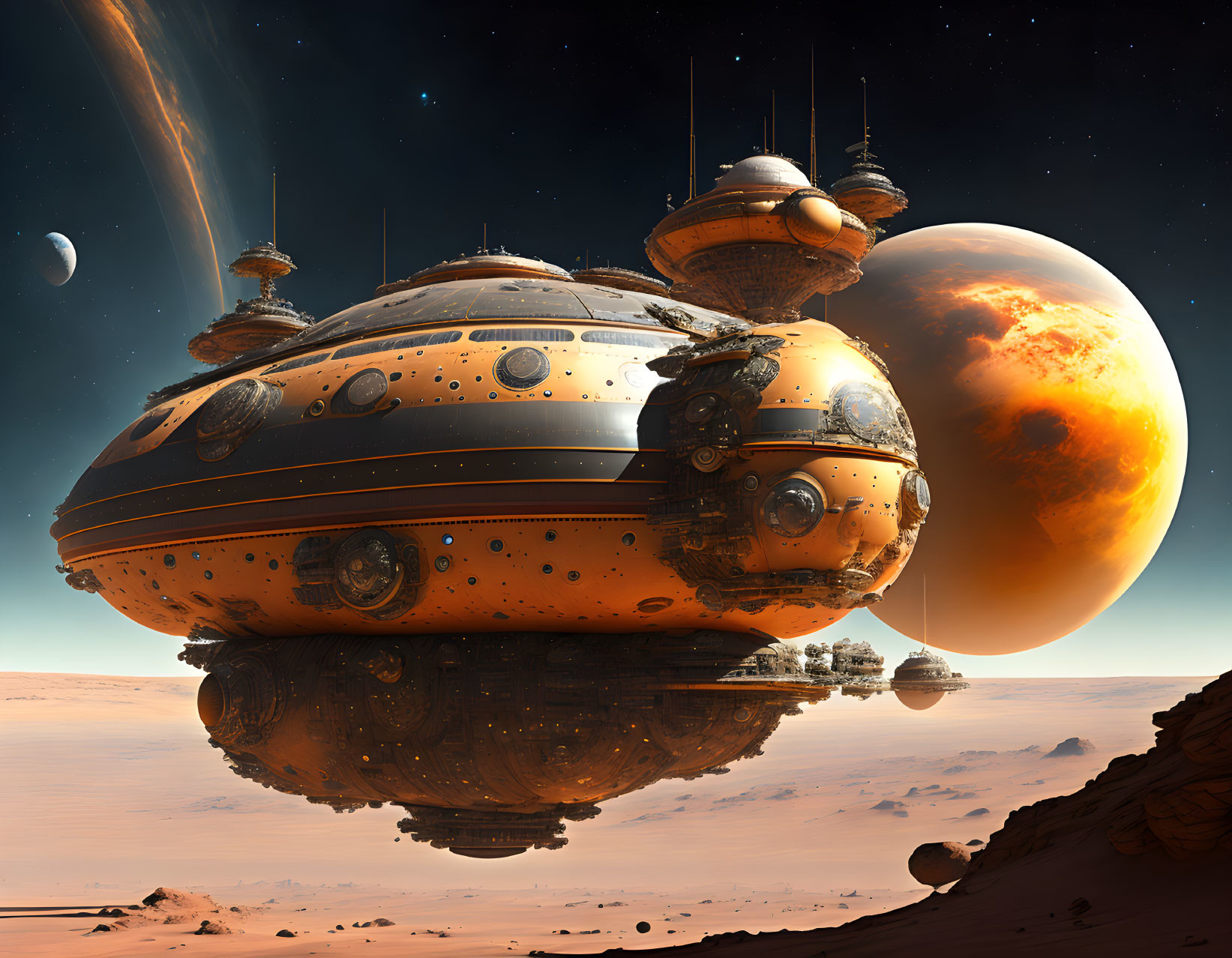 Futuristic spaceship above barren alien landscape with planet and moon.