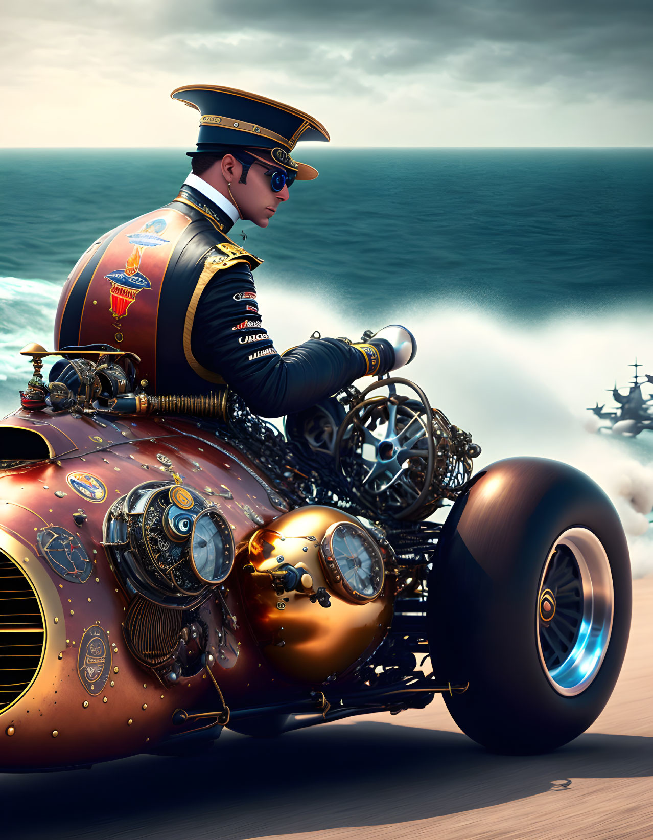 Decorated pilot on brass and gold motorcycle at sea with ships in background