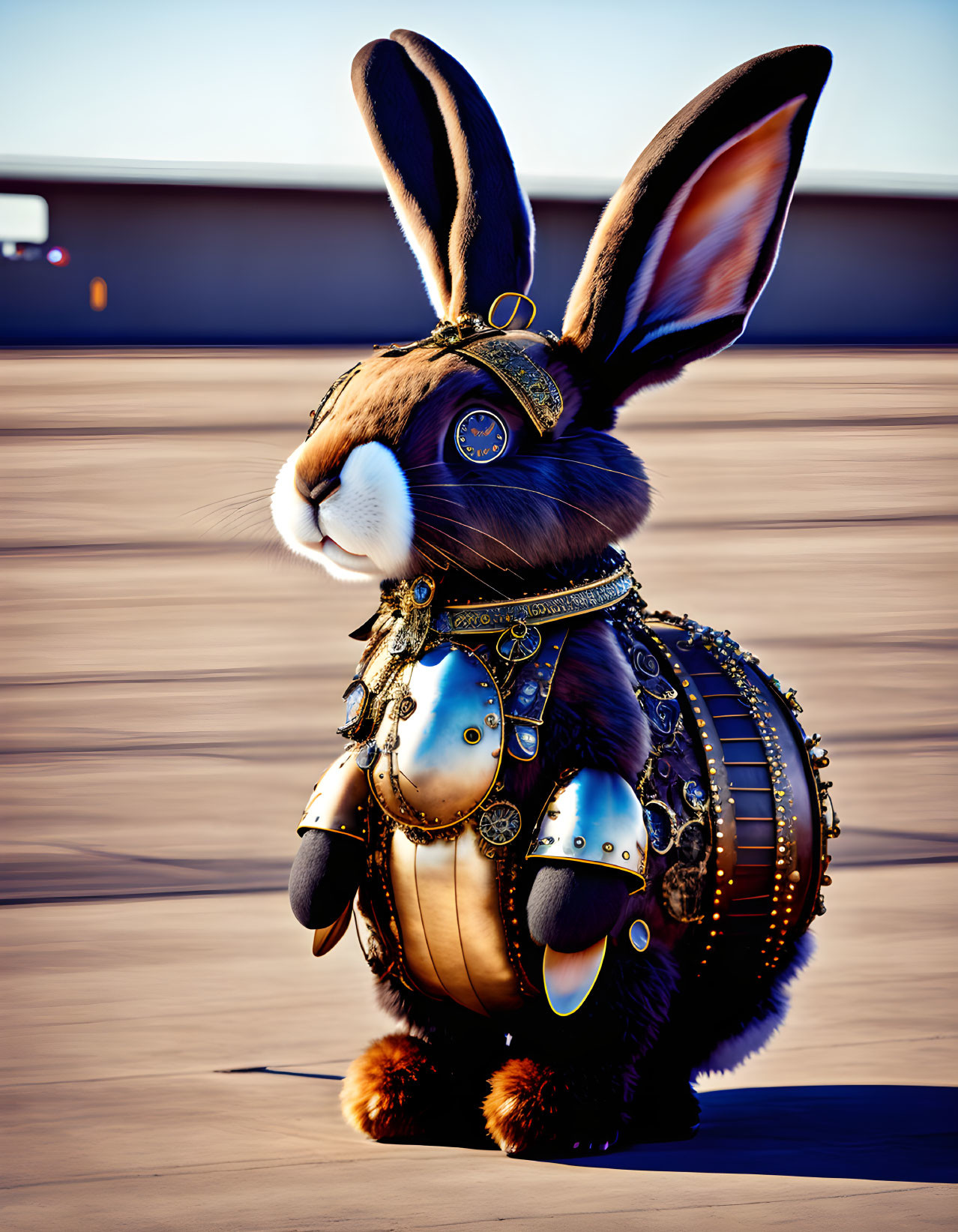 Steampunk-style 3D-rendered rabbit with brass accents on smooth surface