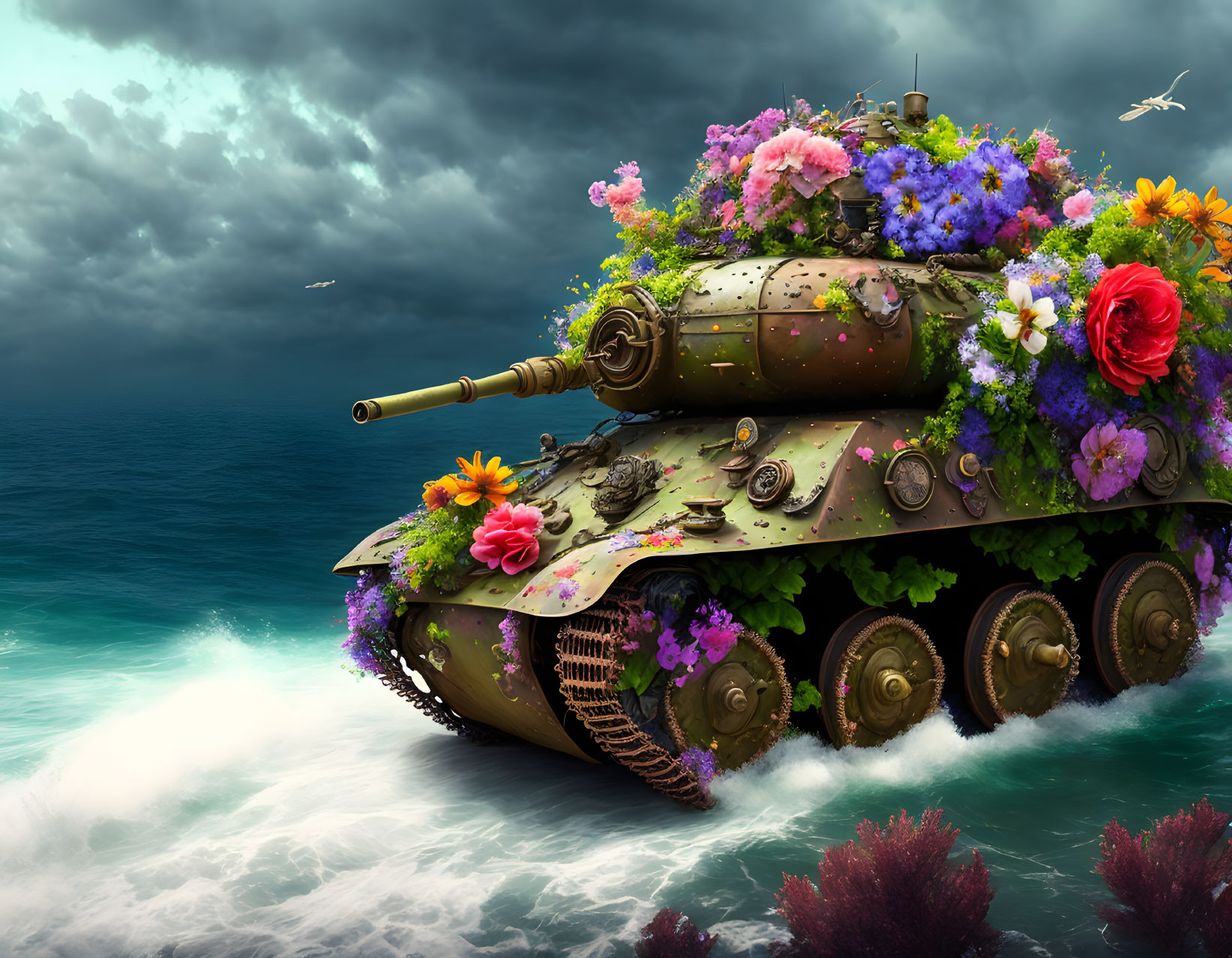 Tank covered in vibrant flowers moving under stormy sky