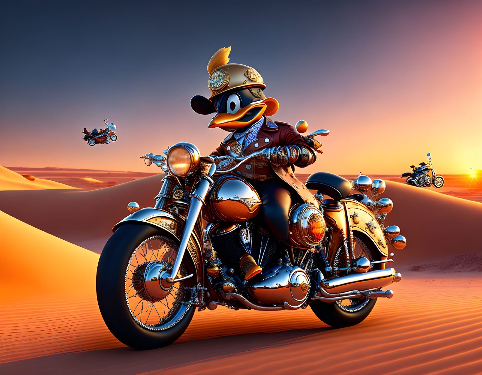 Duck character in biker attire on motorcycle in desert landscape