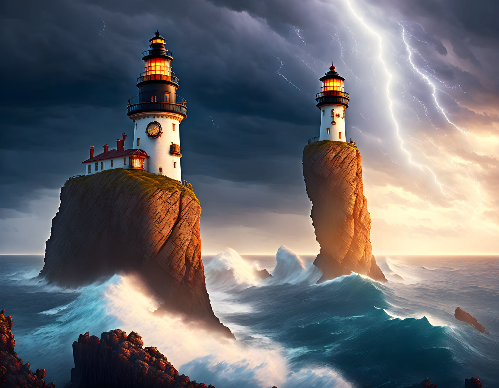 Stormy seas with two lighthouses on rocky outcrops