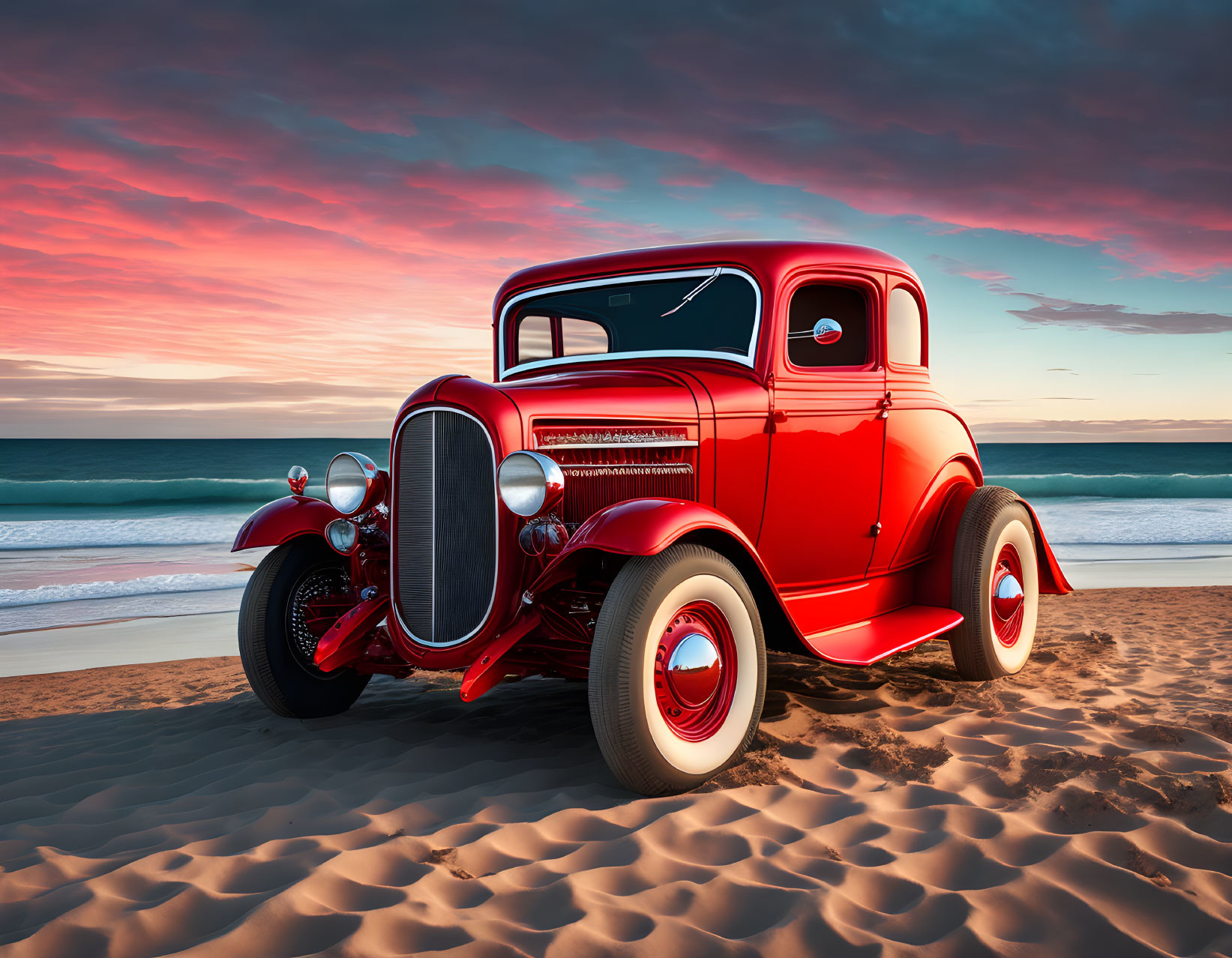 Red vintage car on sandy beach at sunset