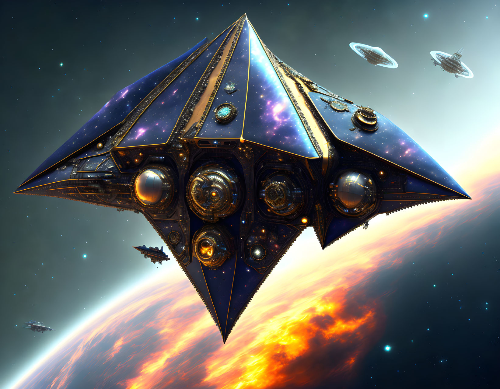 Pyramid-shaped spaceship with lights and patterns near fiery planet