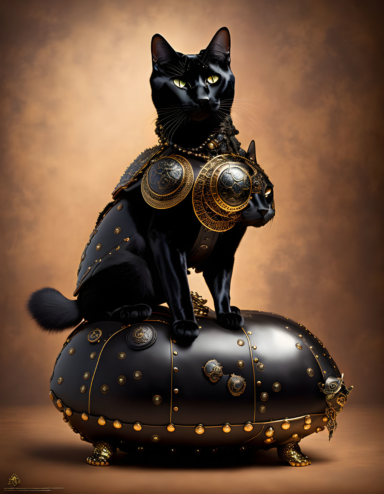 Black Cat with Golden Jewelry on Golden Cushion in Regal Pose