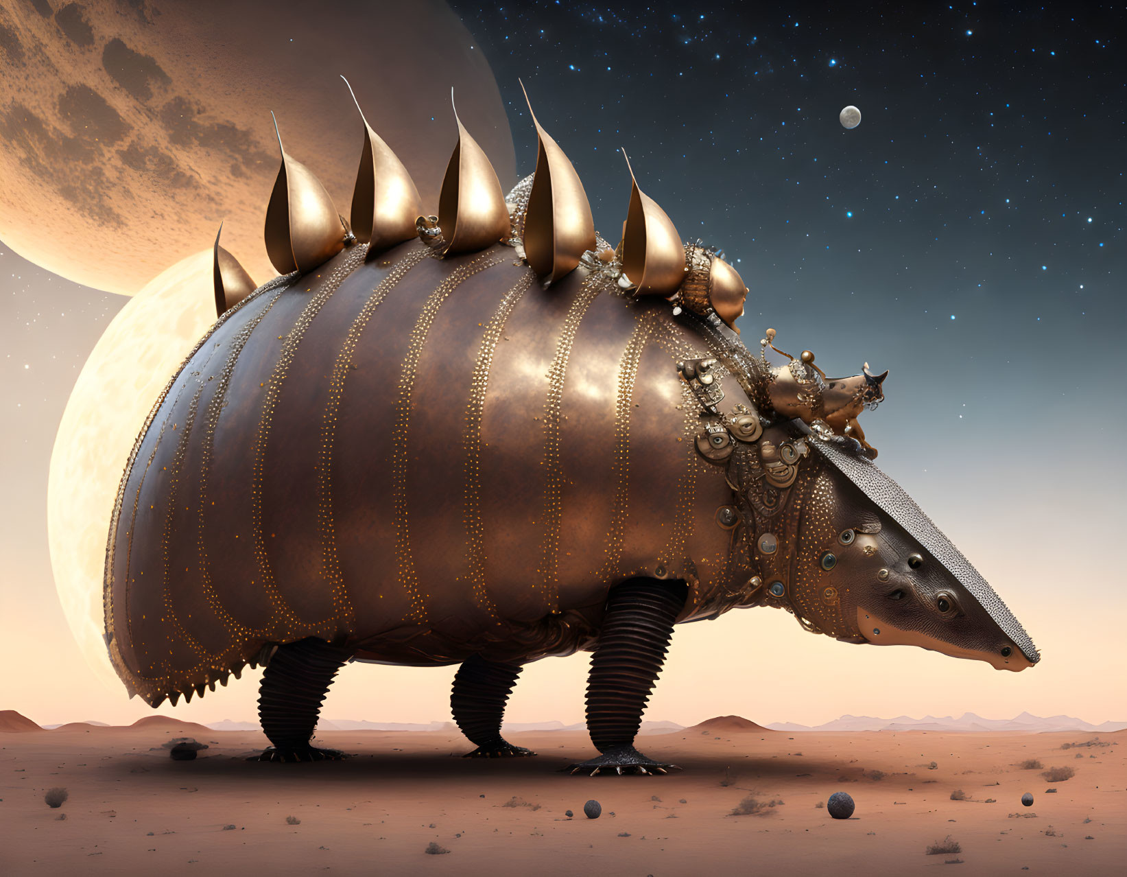 Armored rhinoceros with metallic plating and spikes under desert moon