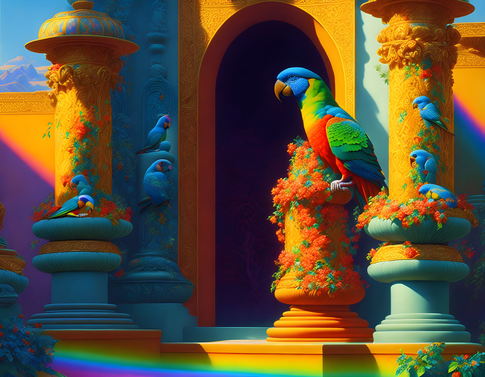 Colorful digital art: Blue-and-yellow macaws in ornate setting under warm sky