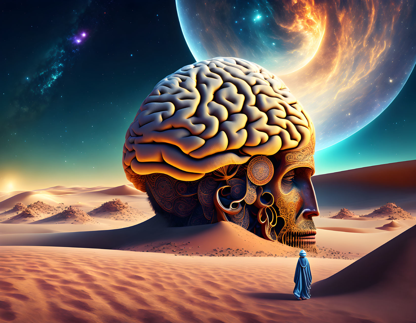 Surreal illustration of giant human head with exposed brain in desert landscape