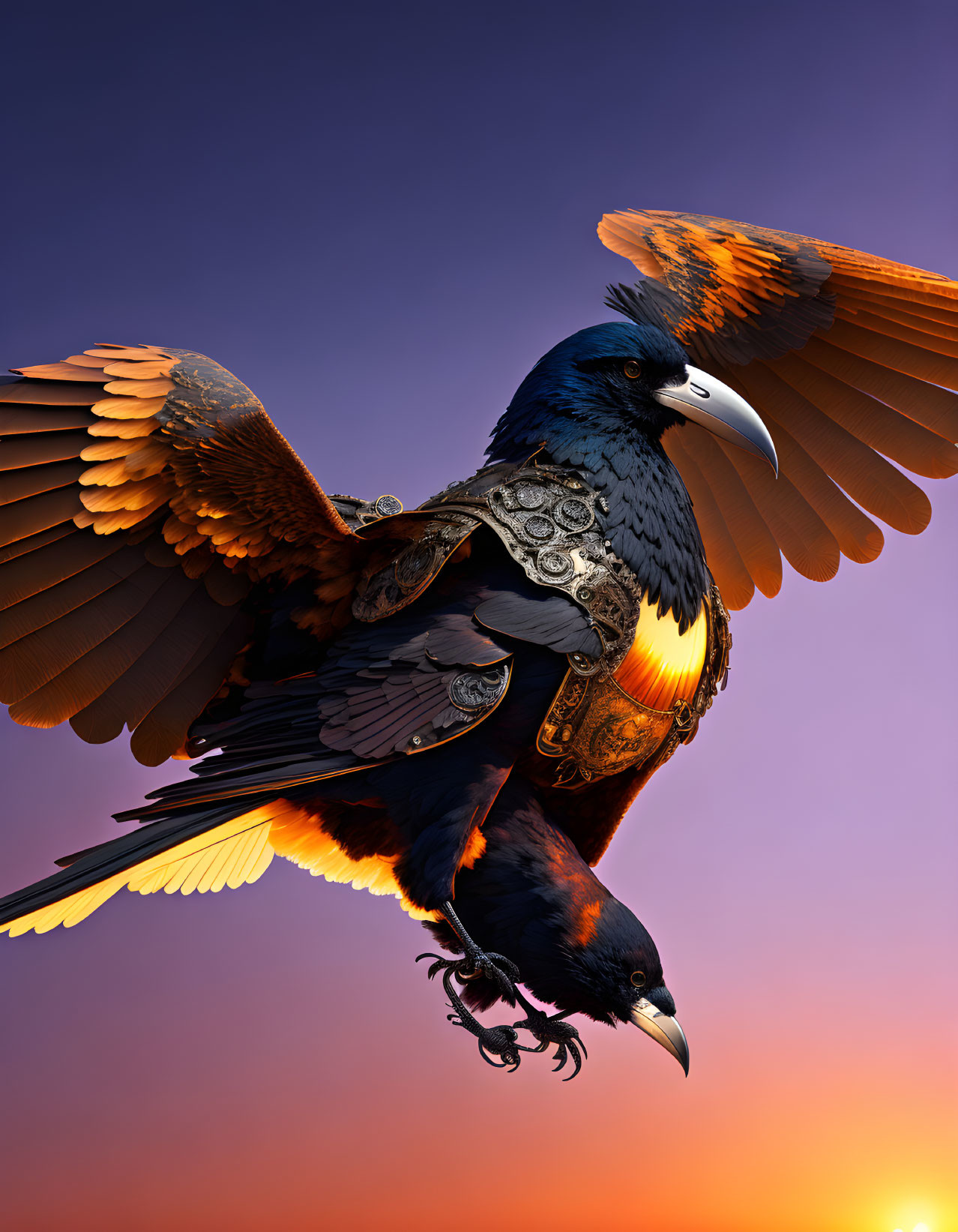 Majestic raven with outstretched wings in ornate armor, flying in twilight sky