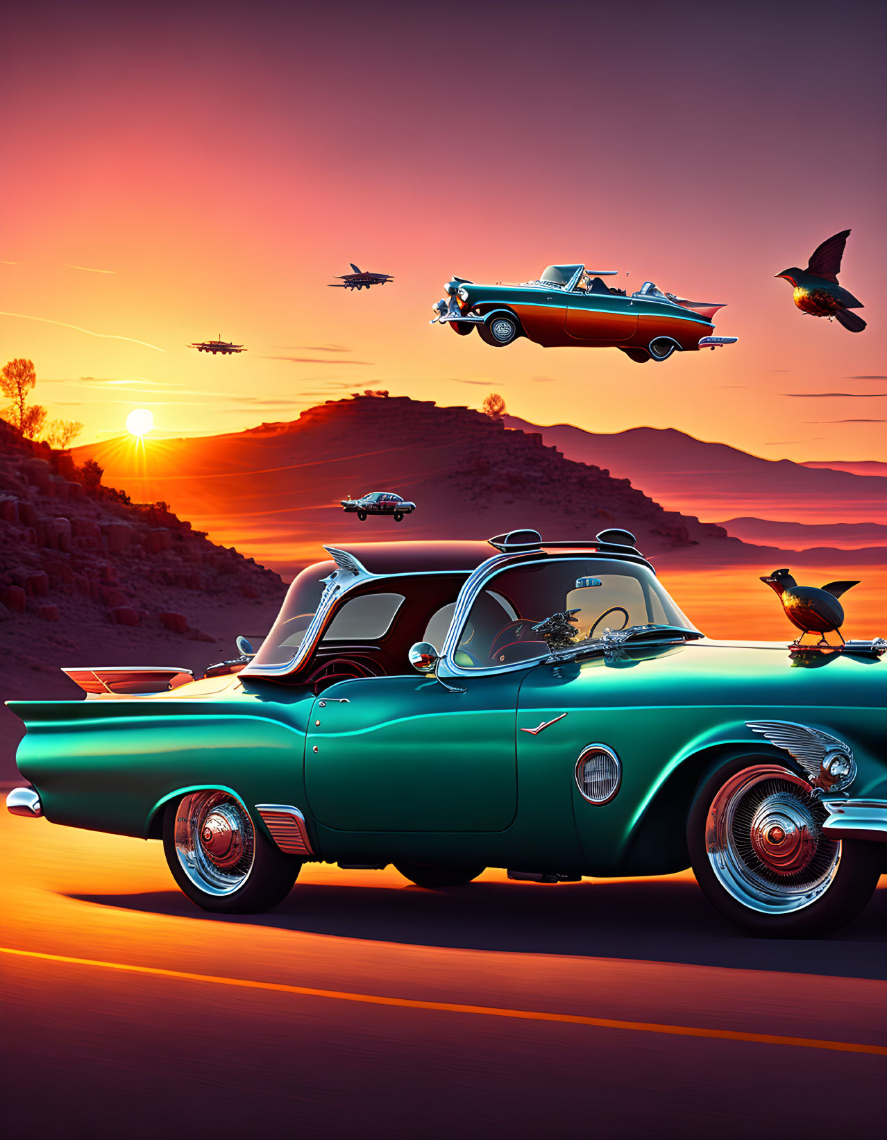 Vintage Cars and Birds Merge in Surreal Desert Sunset Scene