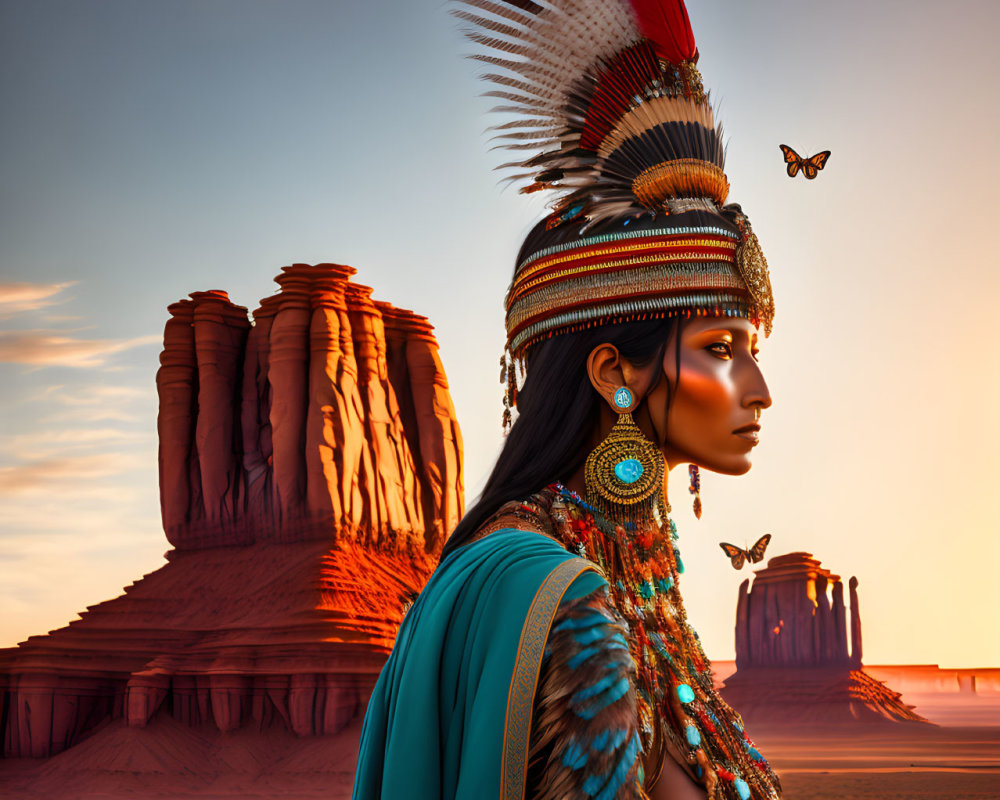 Digital artwork of person in Native American attire with feathered headdress, desert landscape, and butterflies.