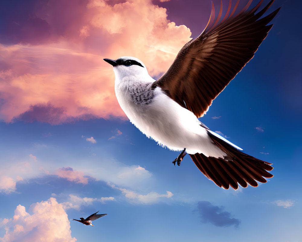 Fork-tailed bird soaring in colorful sky with smaller bird