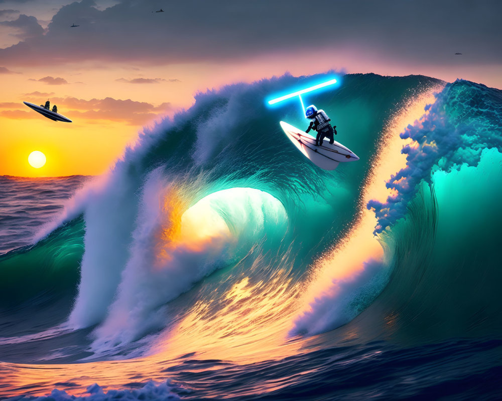 Surfer riding large wave at sunset with glowing blue light and colorful sky.