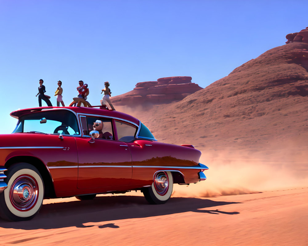 Vintage red car driving through desert with animated characters on top and inside