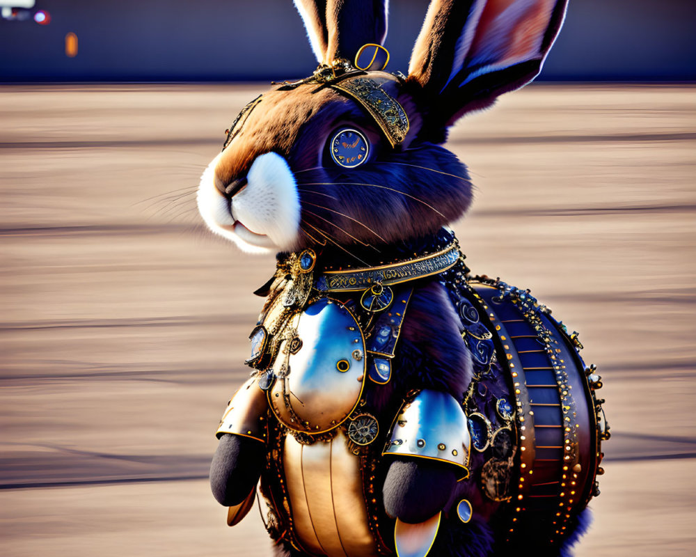 Steampunk-style 3D-rendered rabbit with brass accents on smooth surface