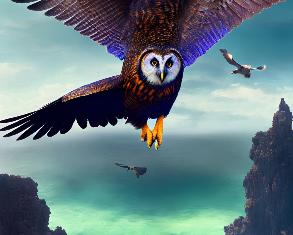 Majestic owl soaring over sea cliffs and azure waters