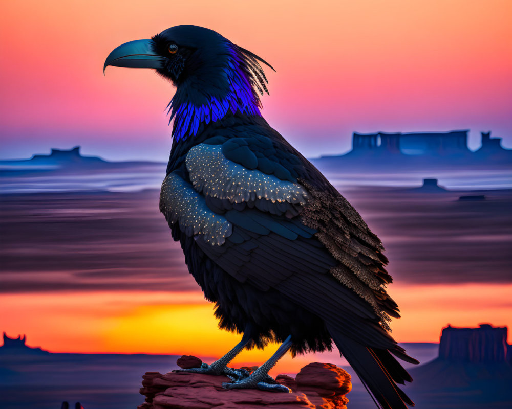 Vibrant sunset with colorful raven on rock and silhouetted mesas
