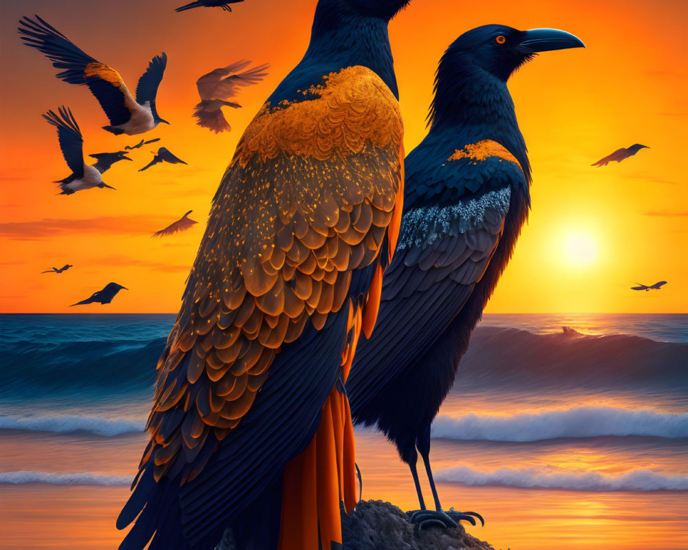 Majestic ravens with crowns on rock at sunset by the sea