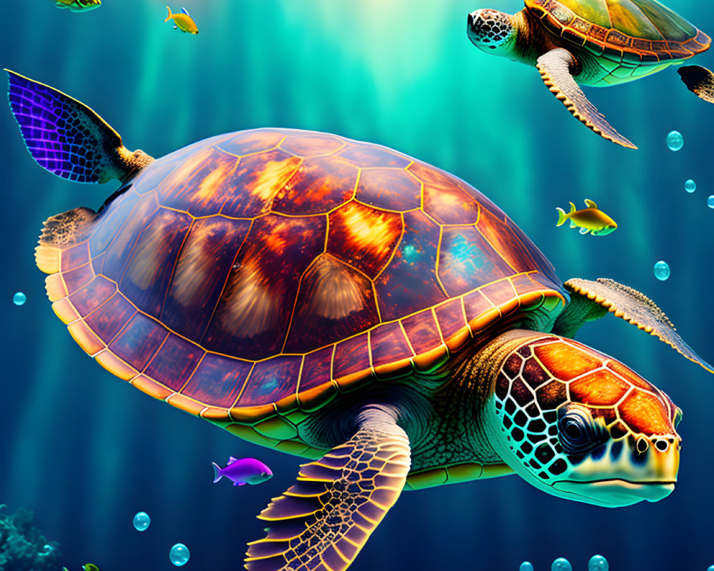 Colorful Underwater Scene: Sea Turtle, Tropical Fish, Coral Reefs