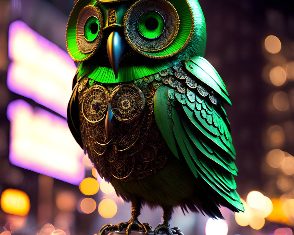 Intricate Steampunk Owl Sculpture with Metallic Feathers
