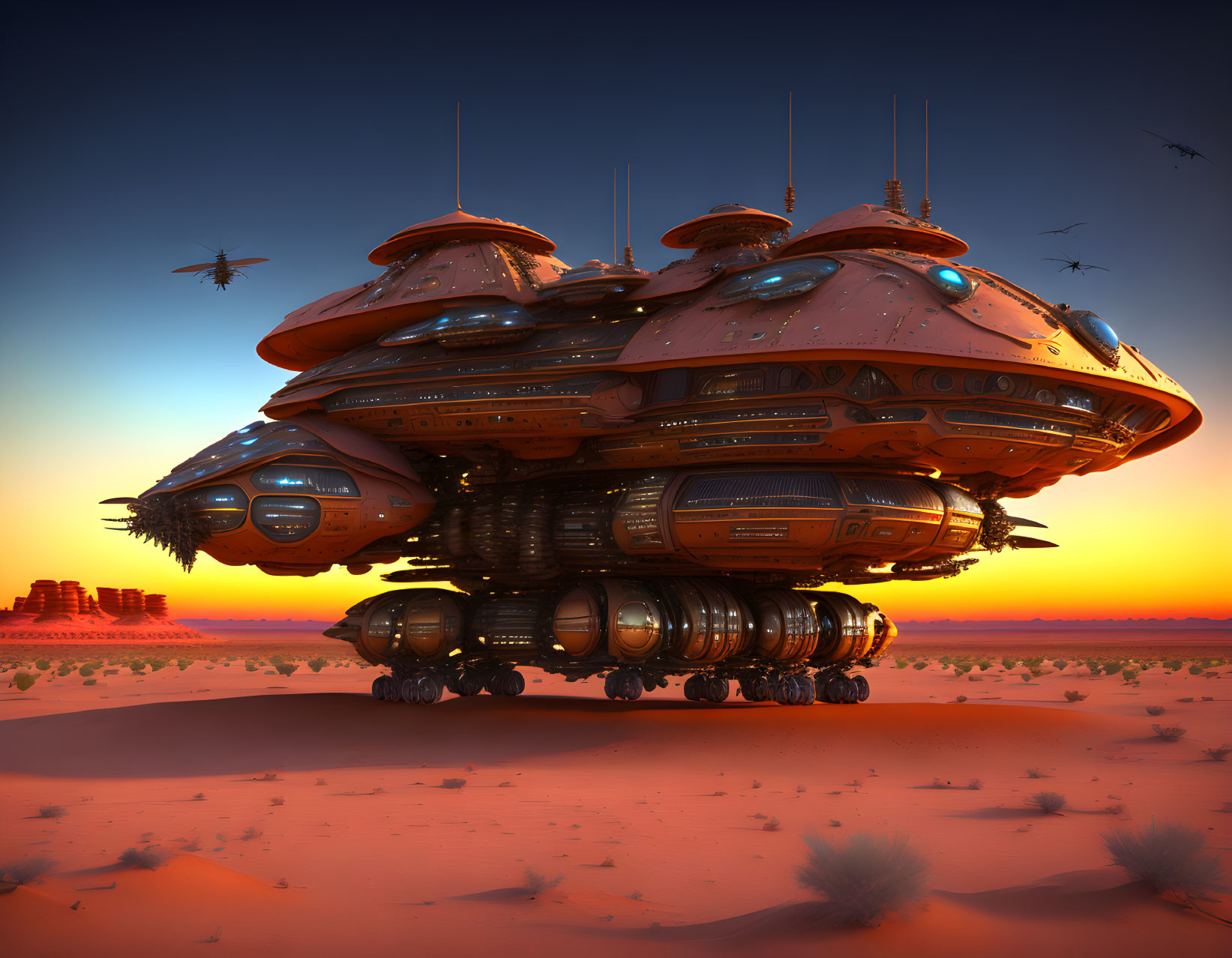 Futuristic multi-tiered vehicle in desert sunset with antennas and spherical sections