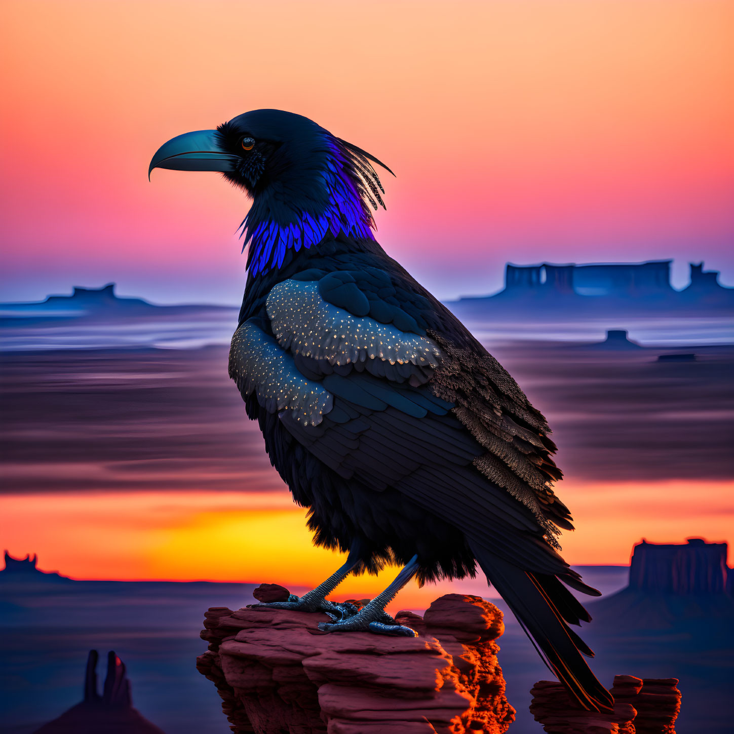 Vibrant sunset with colorful raven on rock and silhouetted mesas