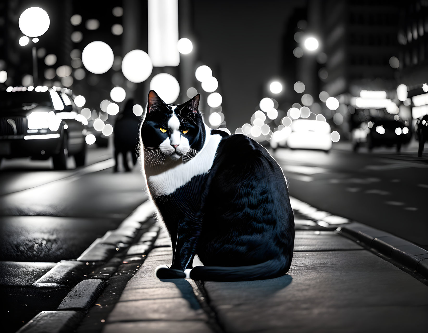 Black and white cat with striking eyes on city sidewalk at night