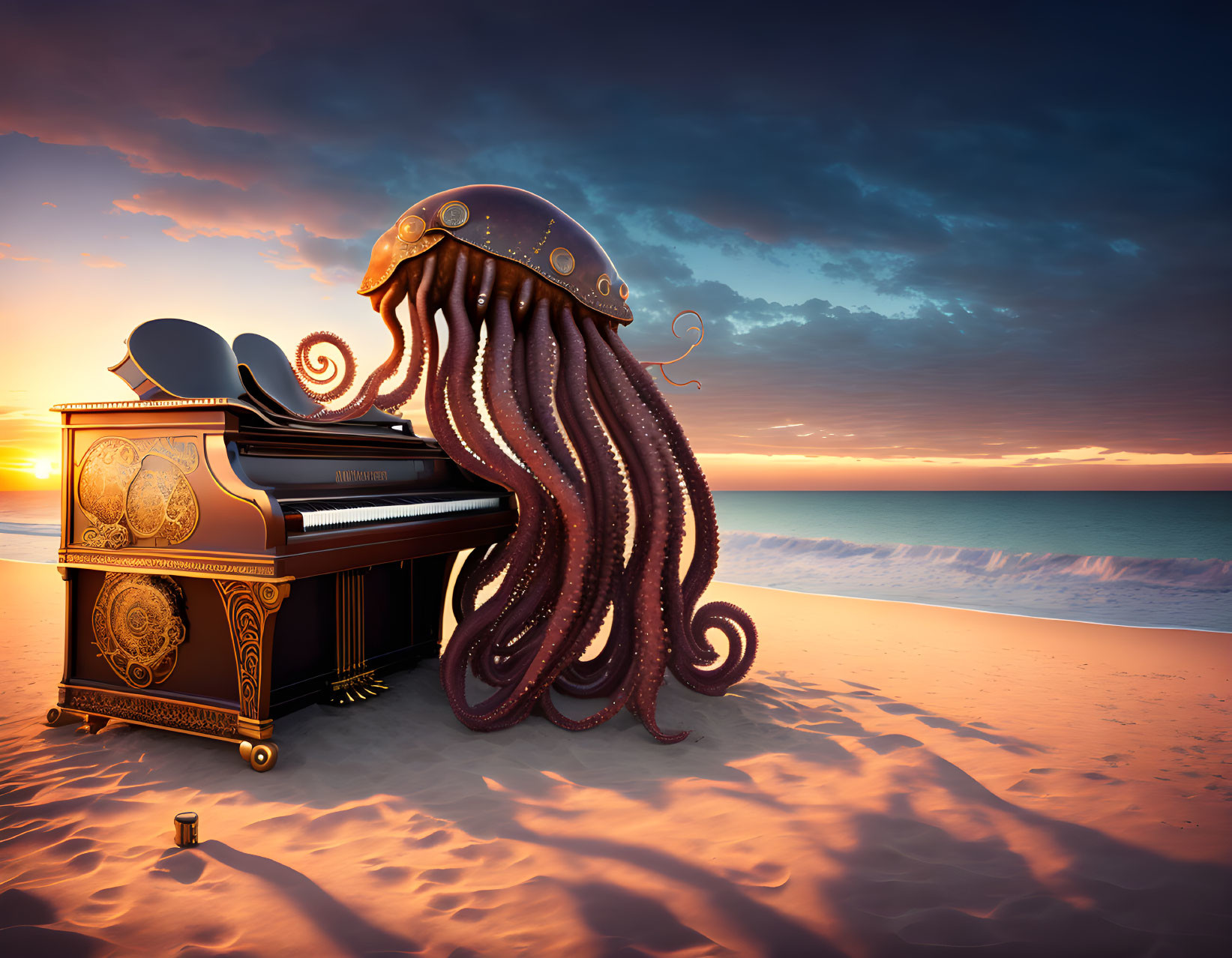 Octopus in brass helmet on grand piano at beach sunset