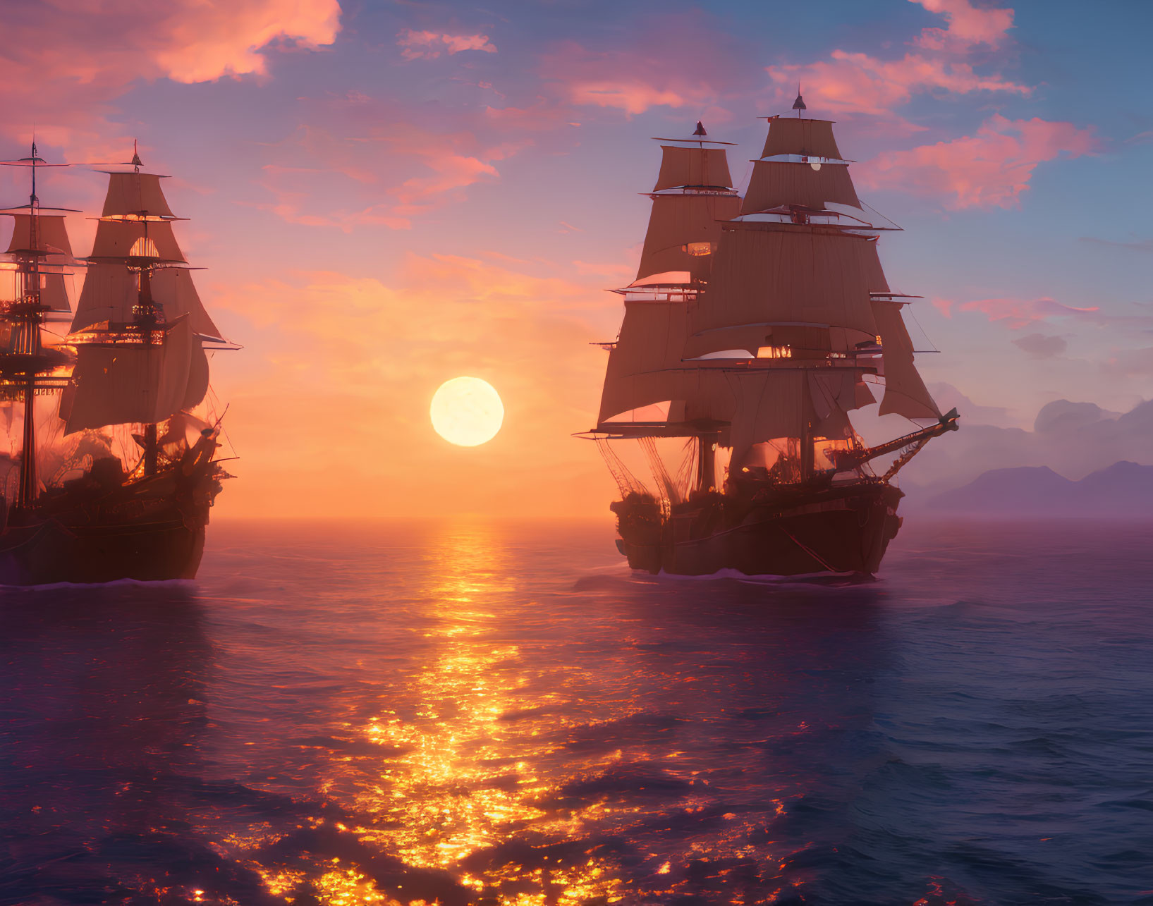 Sailing ships on tranquil sea at sunset with vivid orange sky