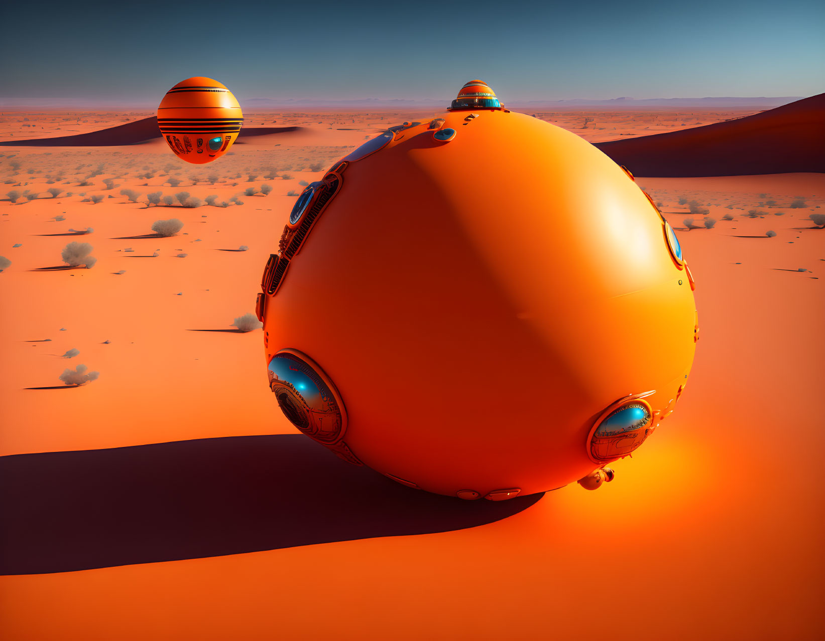 Futuristic spherical orange pods in desert landscape