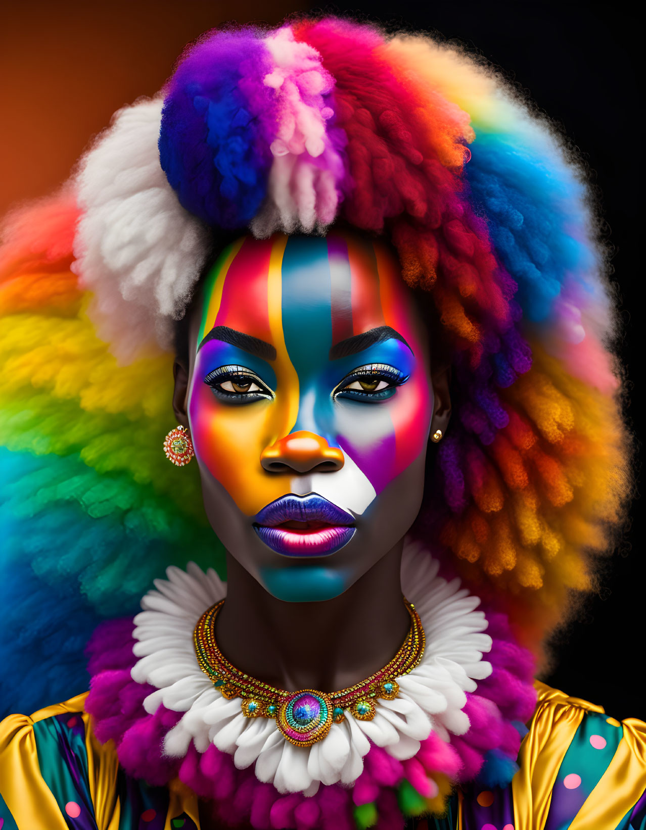 Colorful digital portrait of a woman with face paint and multicolored afro.