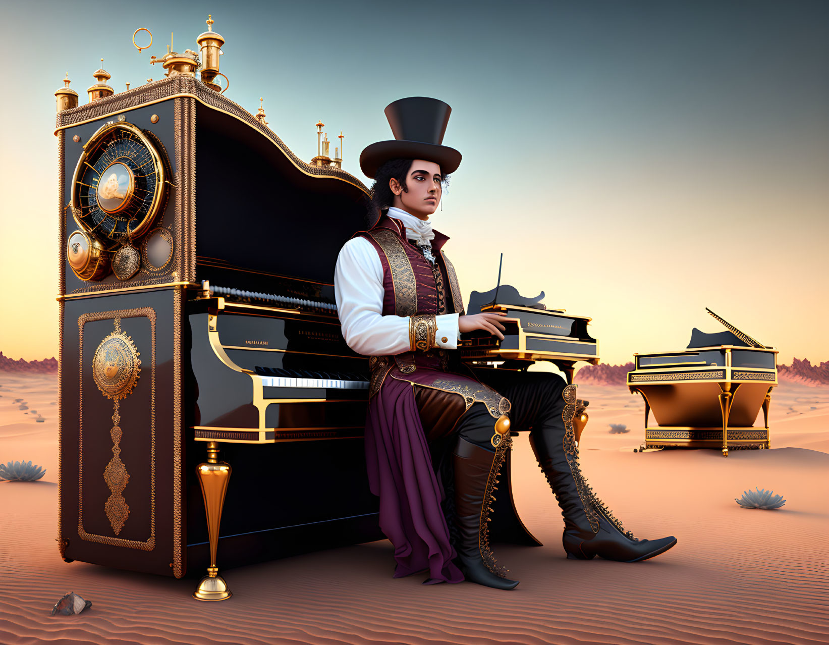 Steampunk-themed illustration of man playing piano in desert with gears.
