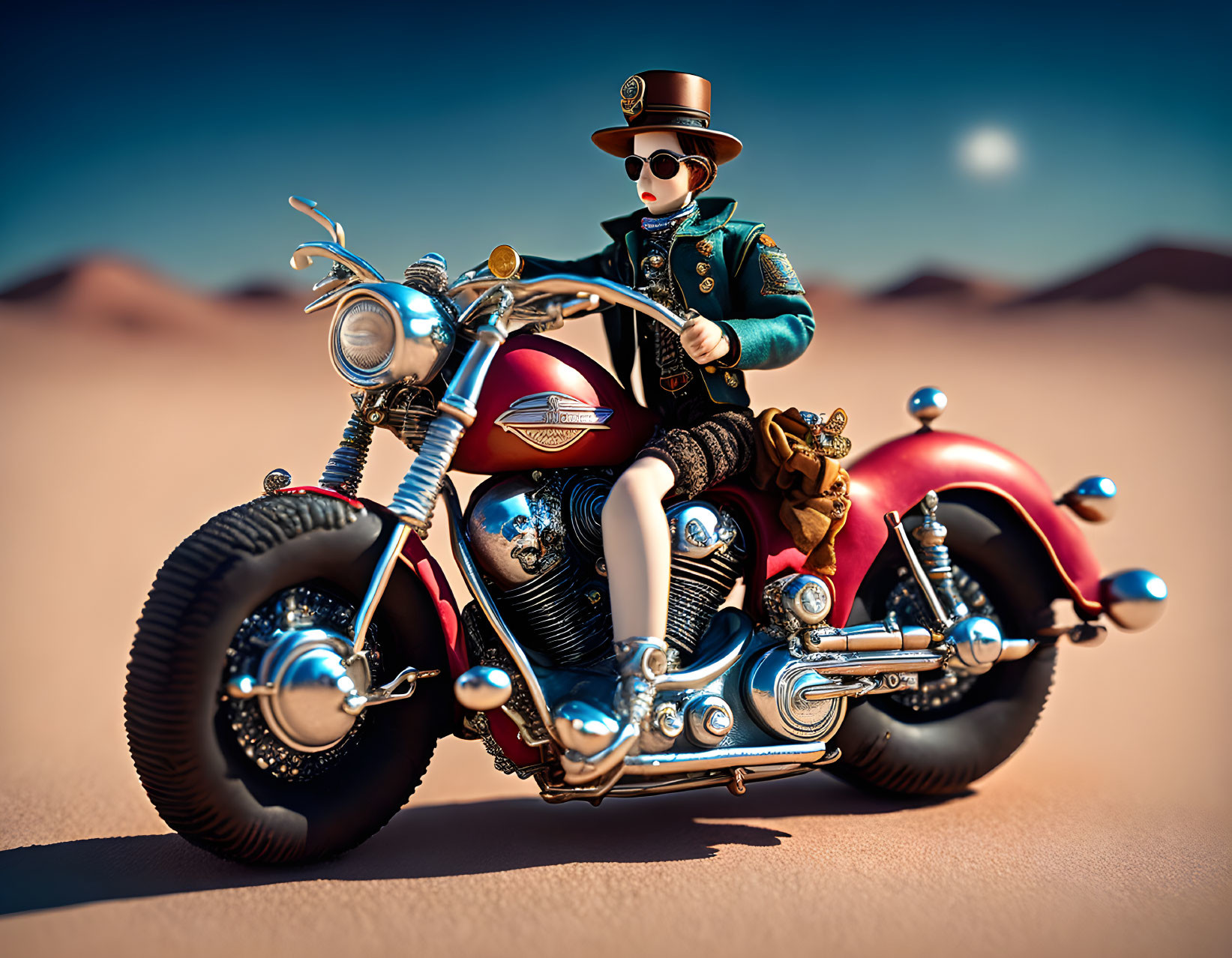 Stylized figure on classic motorcycle in desert landscape
