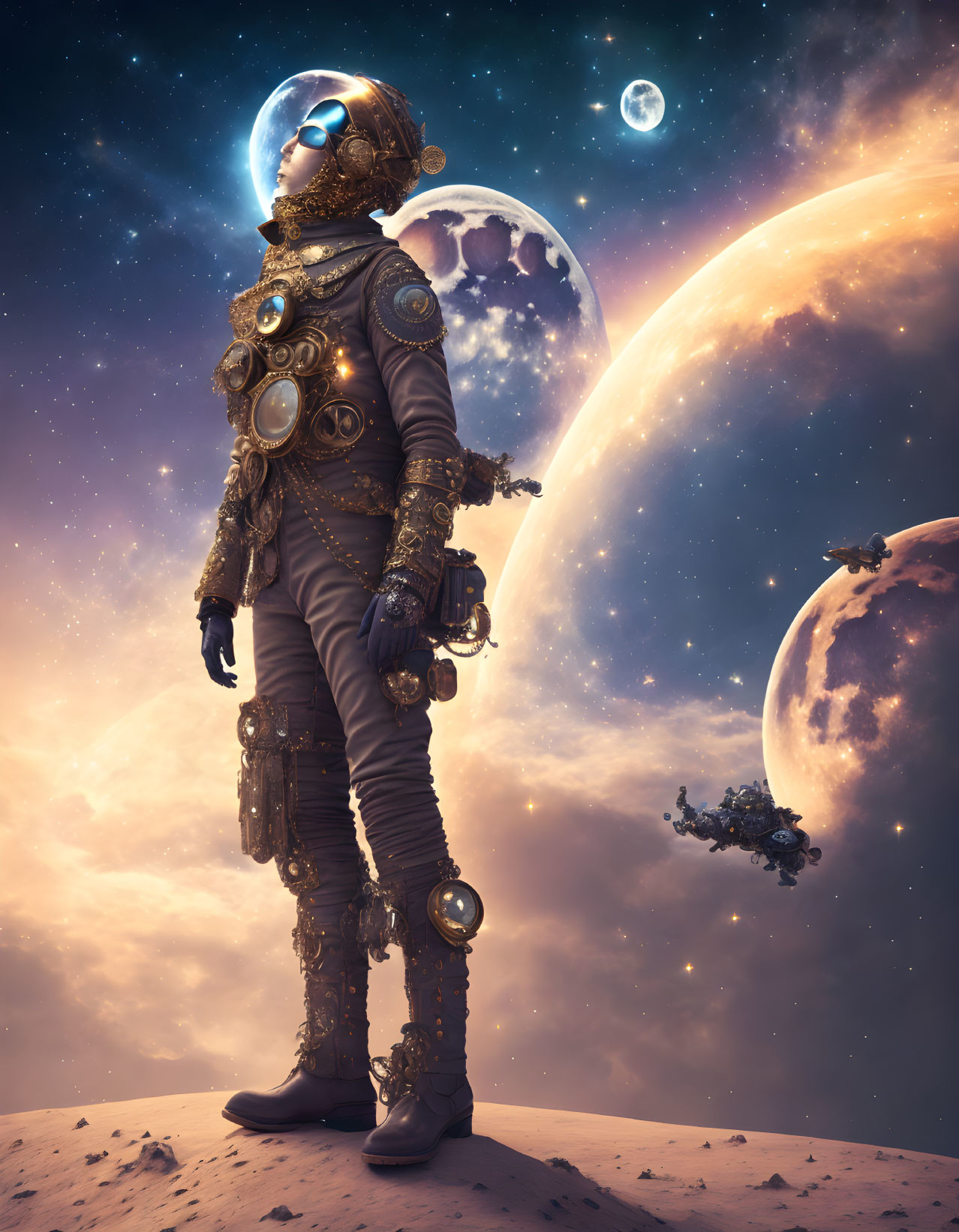 Steampunk astronaut on alien landscape with moons and starry sky
