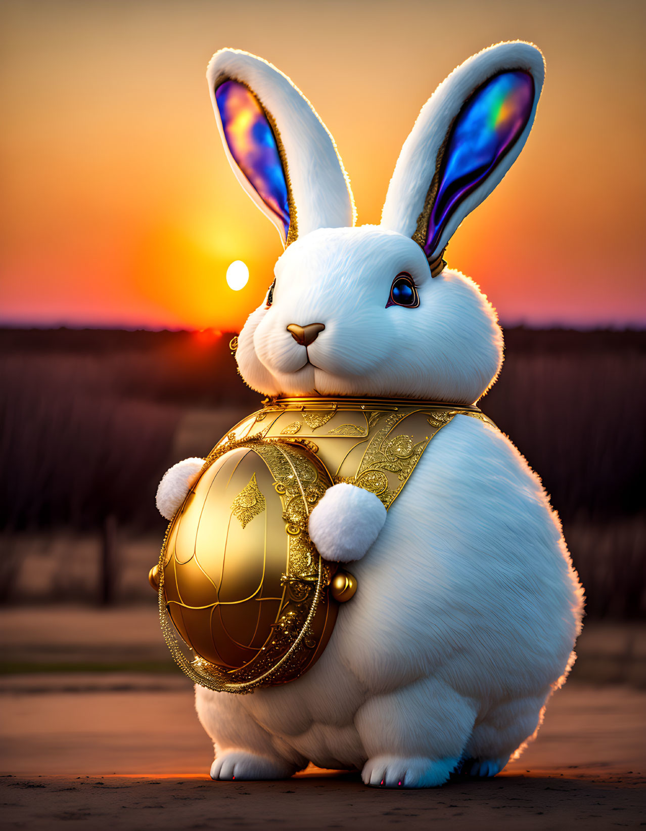 Plump white rabbit with colorful ears holding golden ornament at sunset