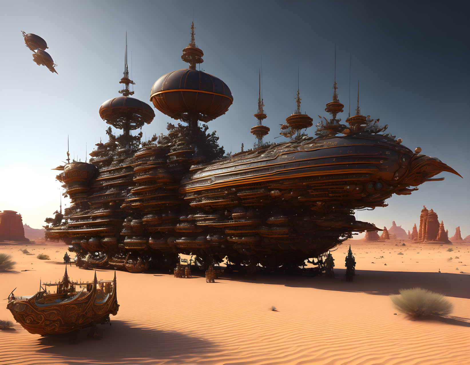Gigantic steampunk airship over desert with rock formations