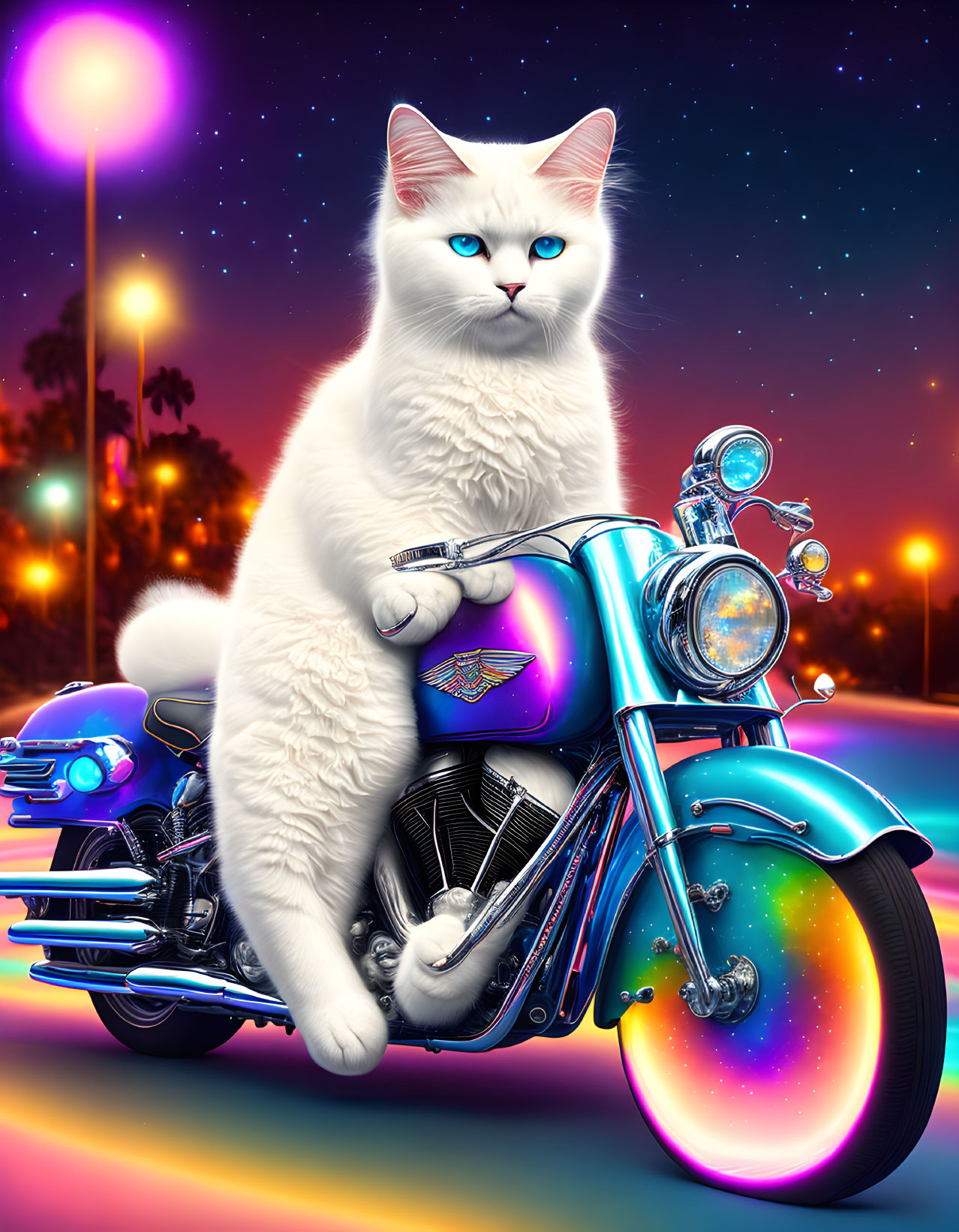 Illustrated white cat on motorcycle under vibrant night sky