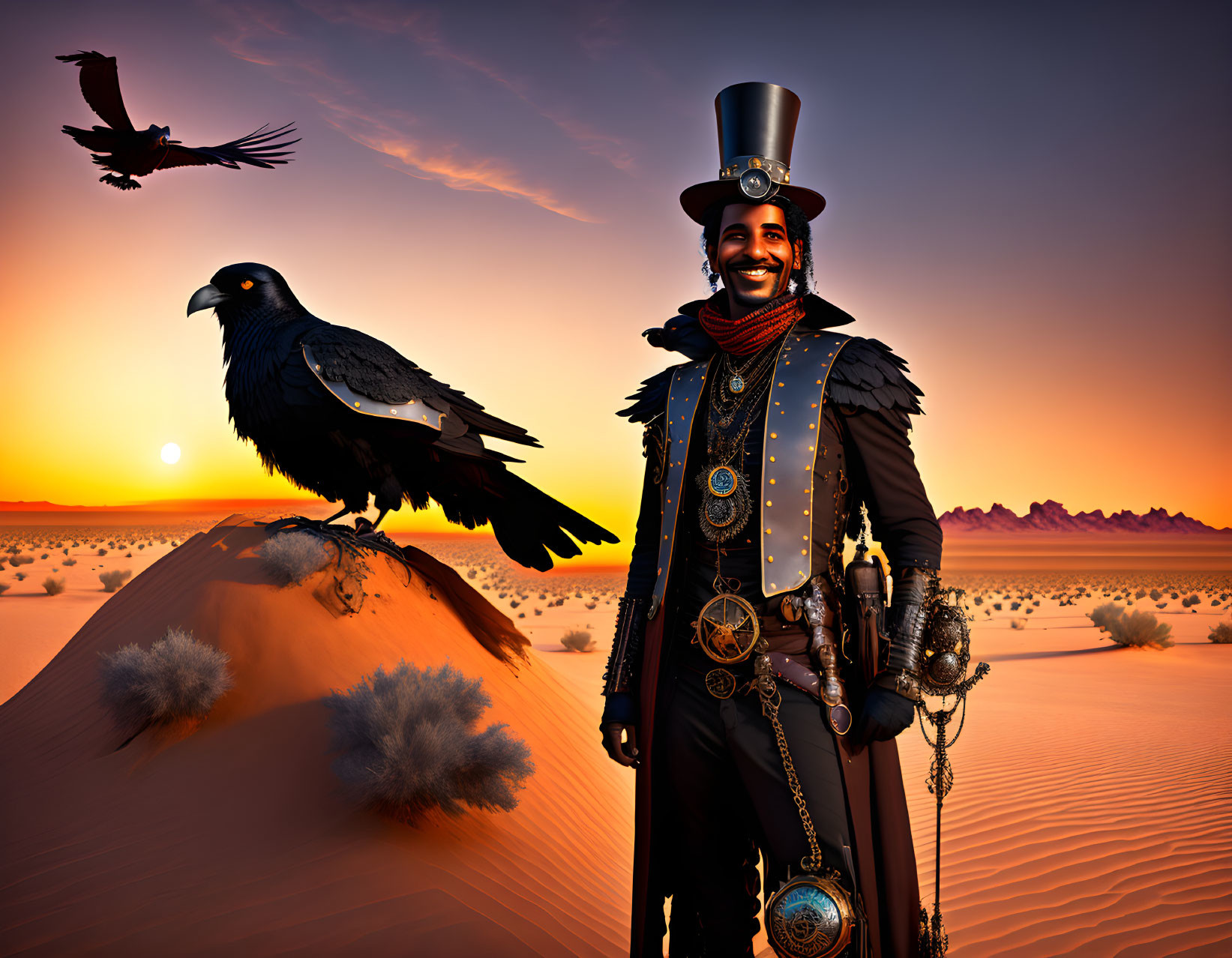 Man in top hat with raven in desert at sunset, second bird flying