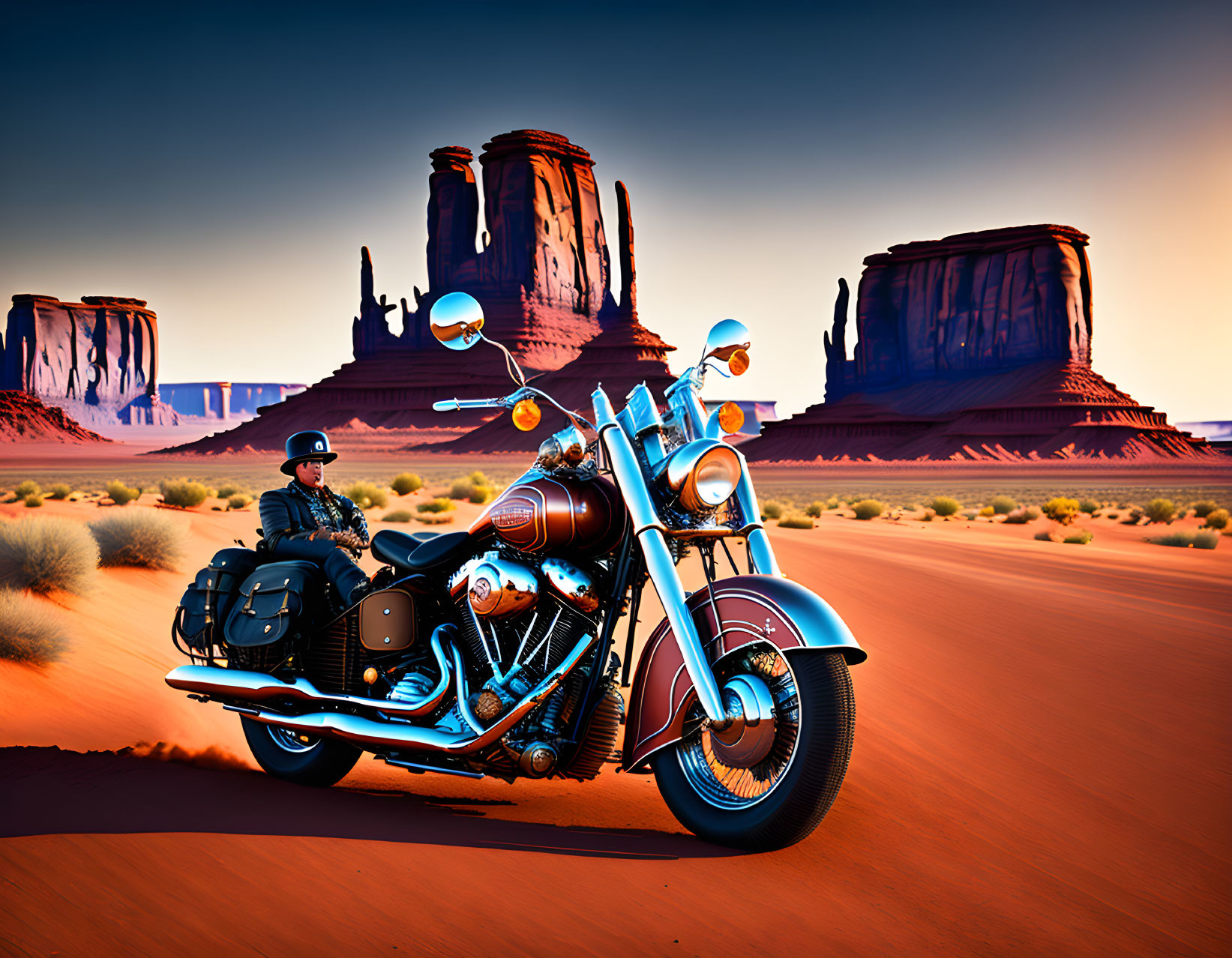 Person on Classic Motorcycle in Monument Valley Surrounded by Sandstone Buttes