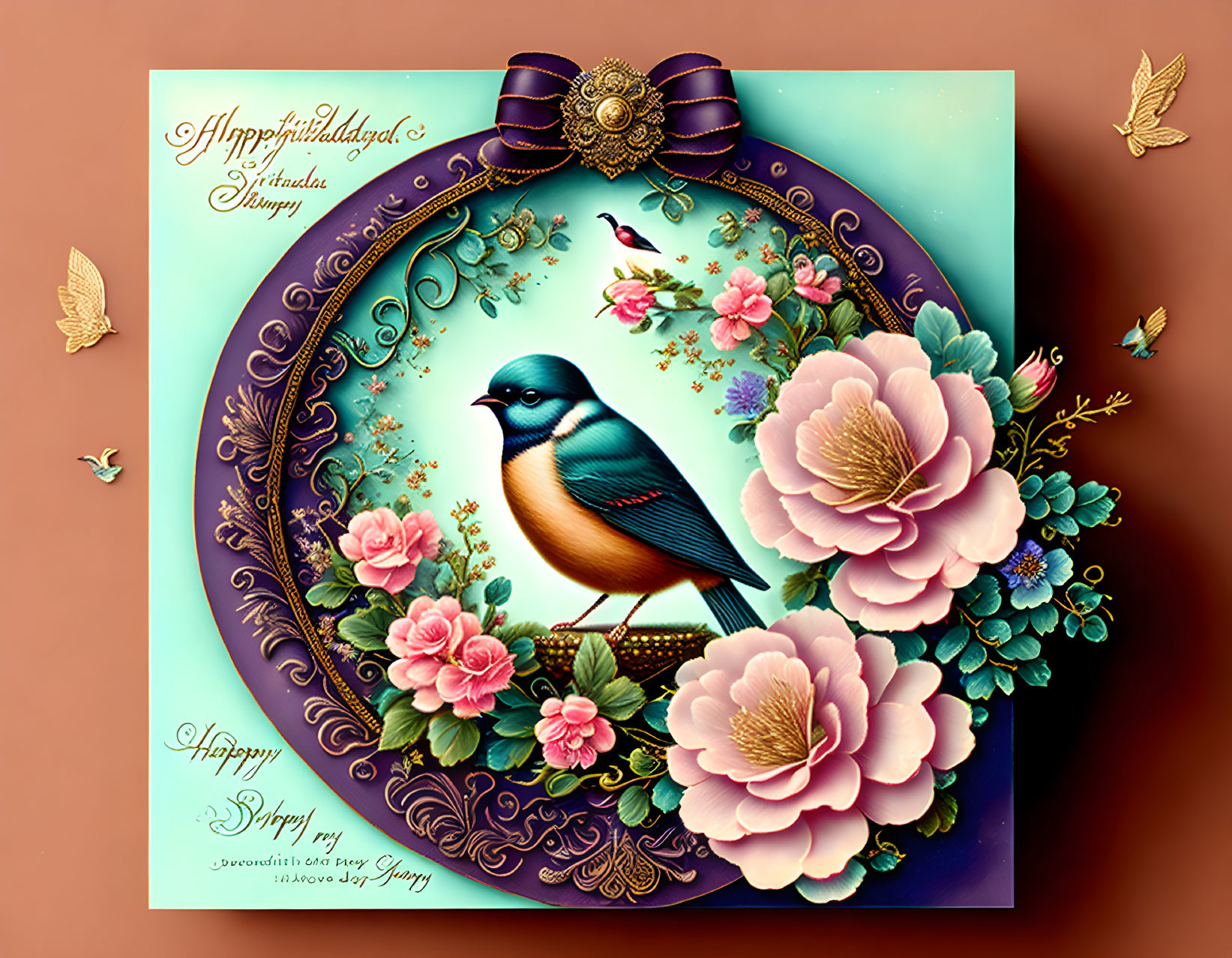 Colorful Bird and Flowers Birthday Greeting Card Design