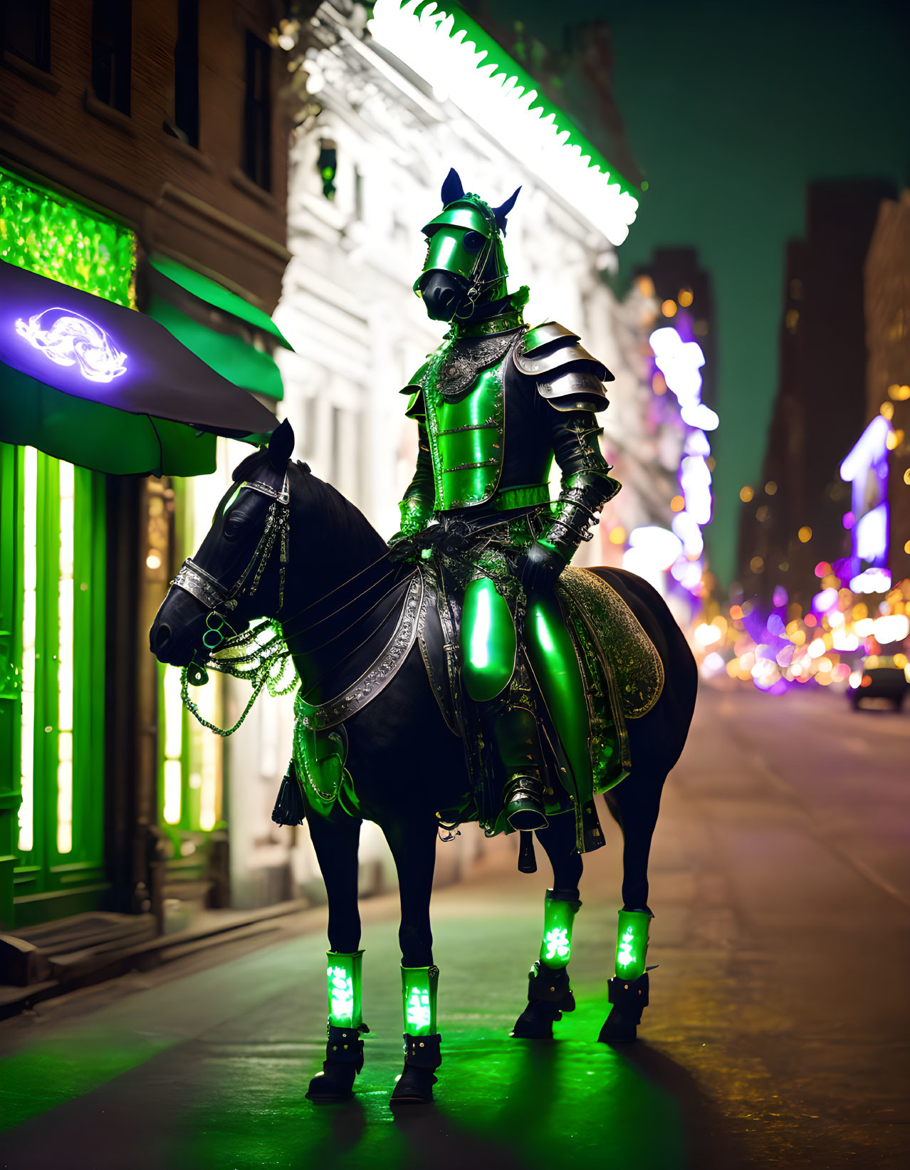 Glowing medieval knight on horse in urban night scene