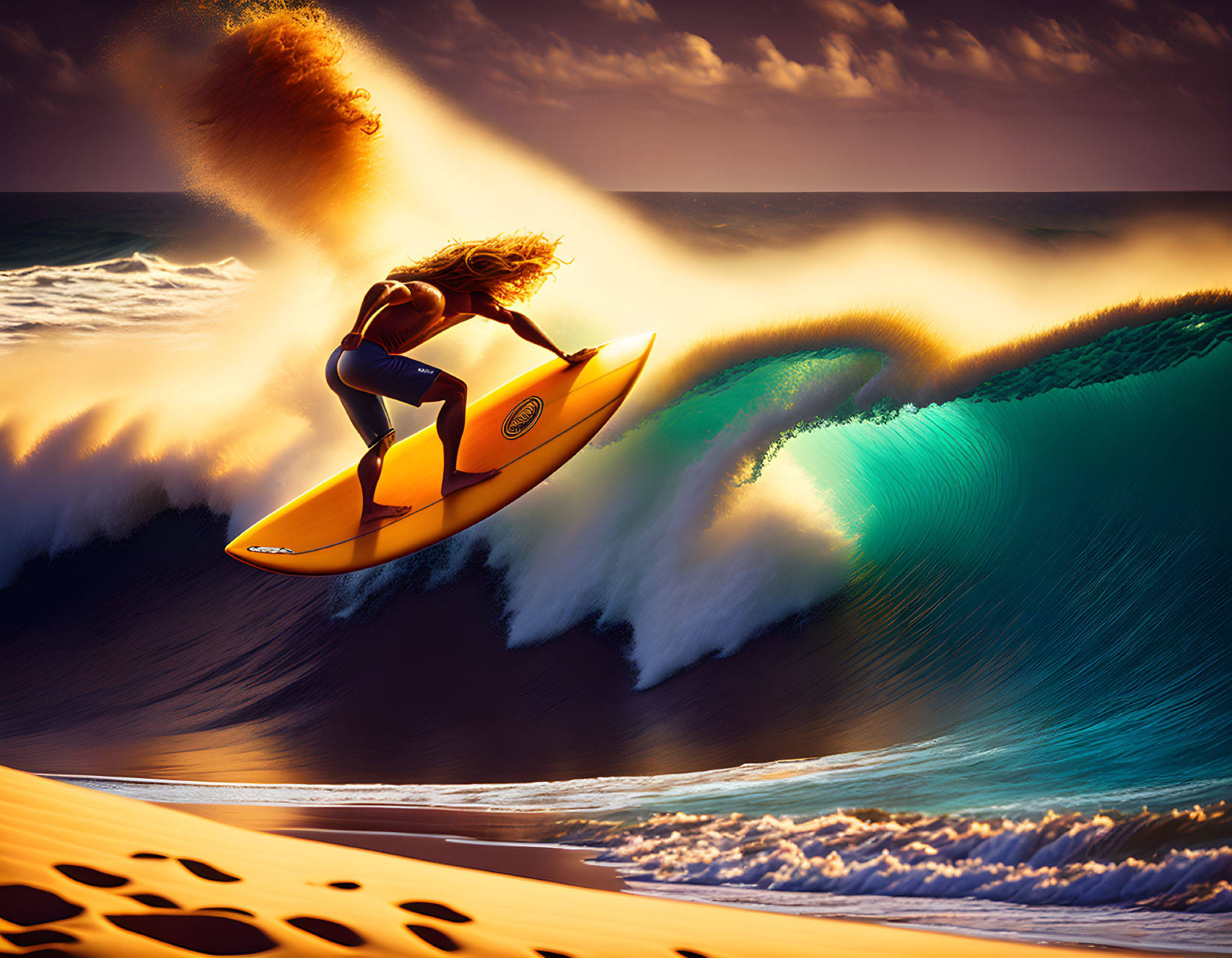 Surfer riding large wave at sunset with water spray and footprints on sand