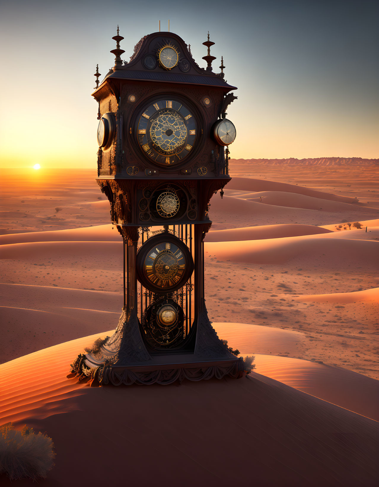 Elaborate clock tower in sand dunes at sunset