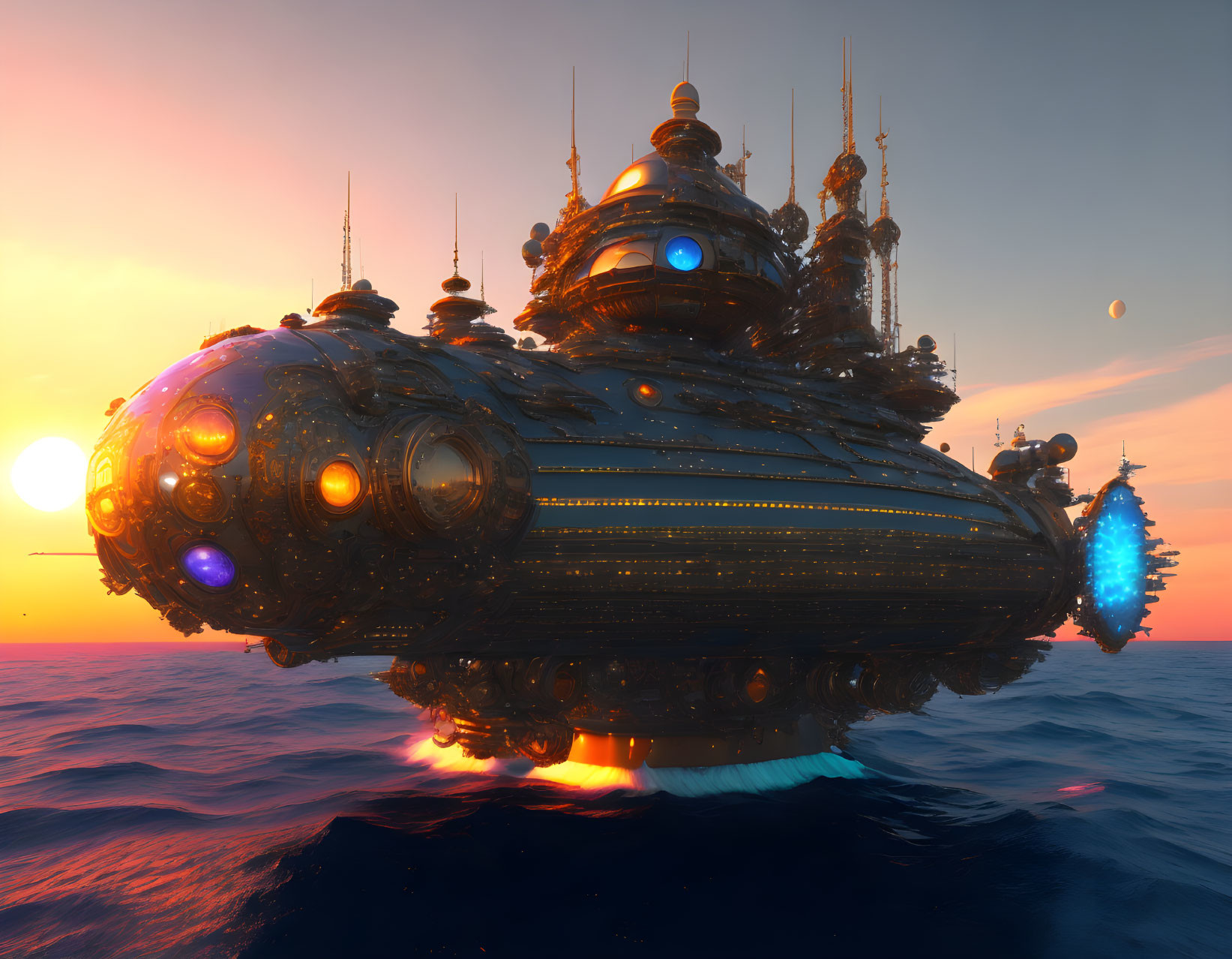 Futuristic spaceship over calm ocean at sunset