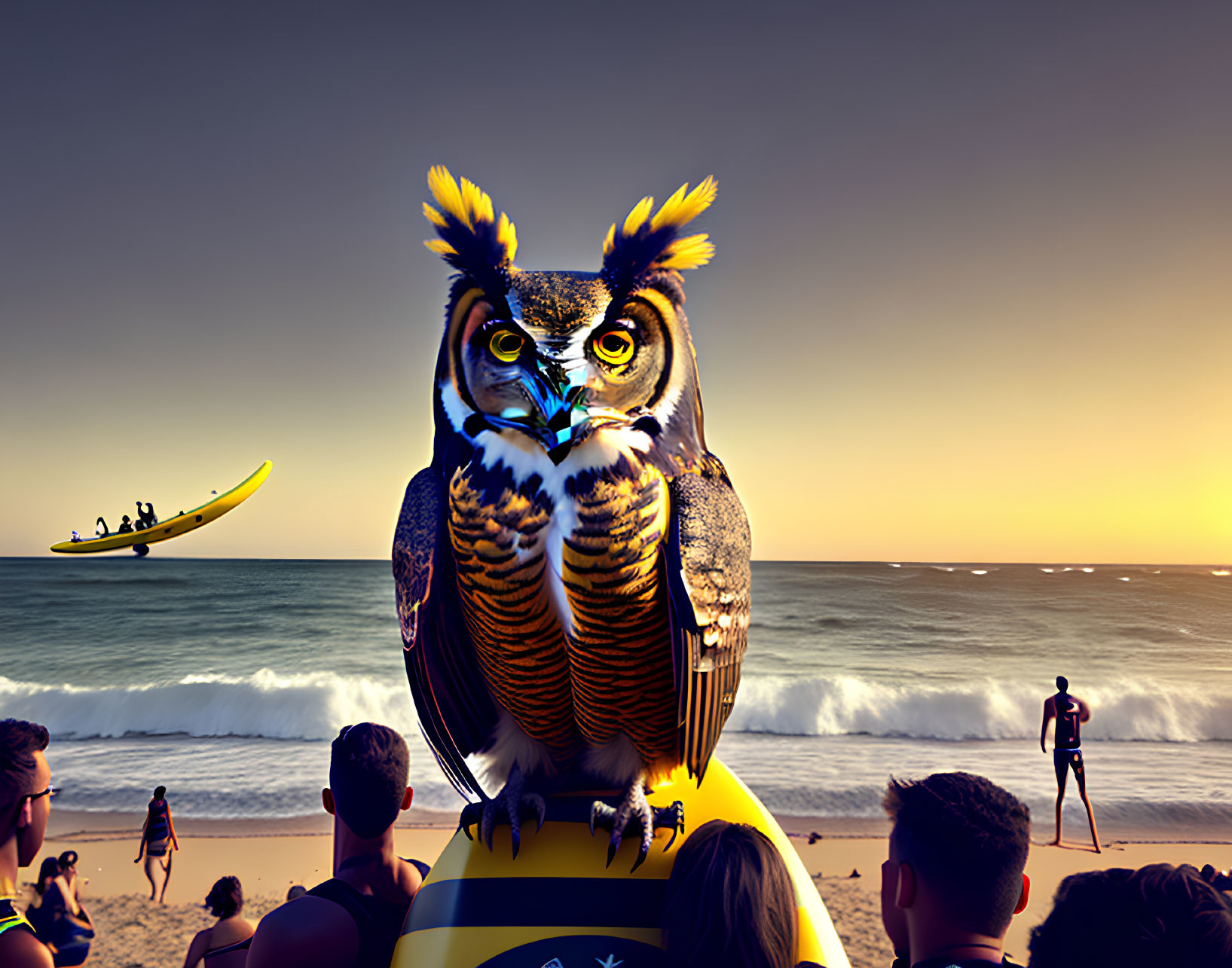 Owl on beach with people, lifeguard tower, boat at sunset