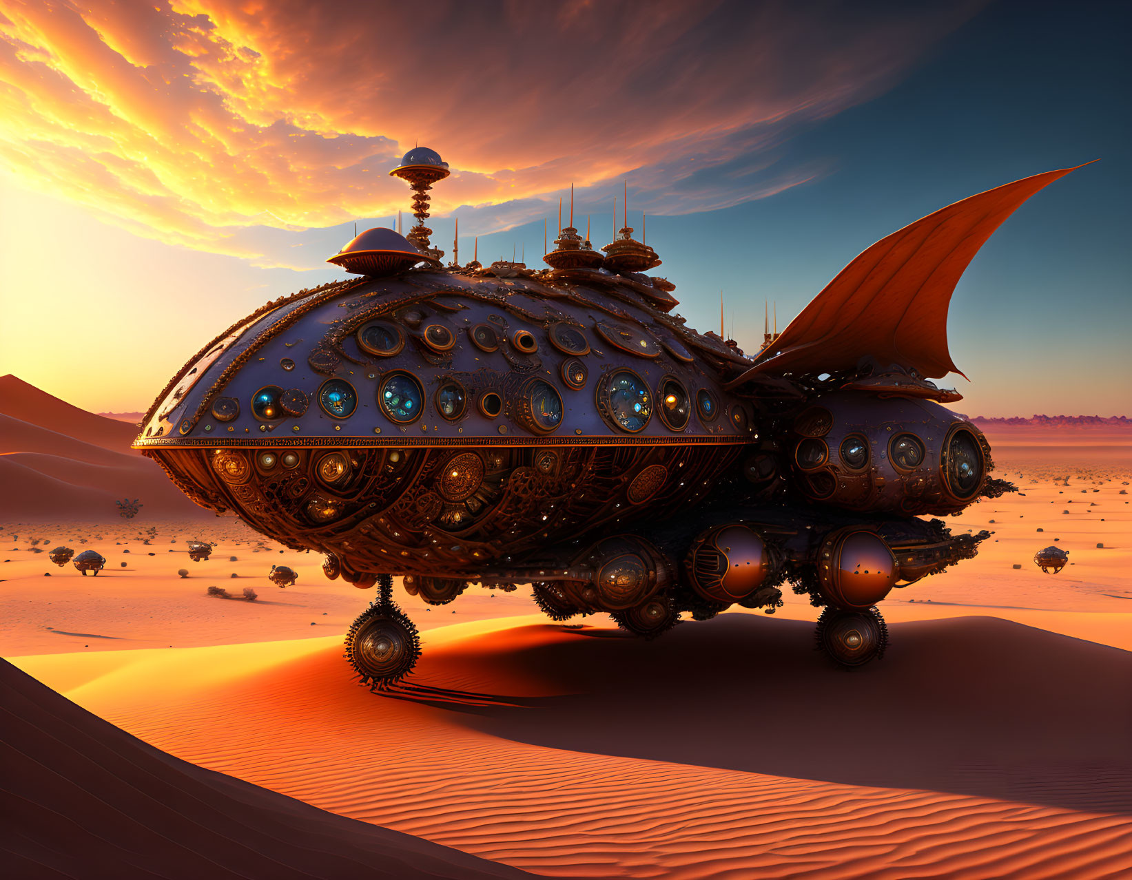 Ornate futuristic airship on desert dune at sunset