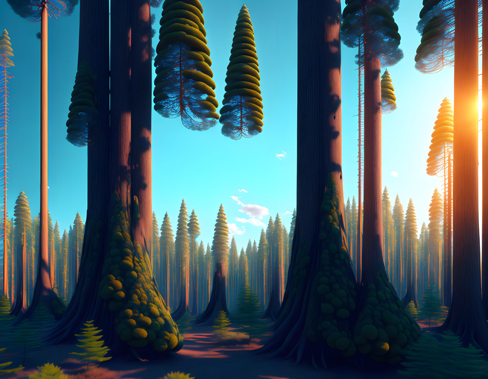 Surreal forest with towering trees and oversized pine cones