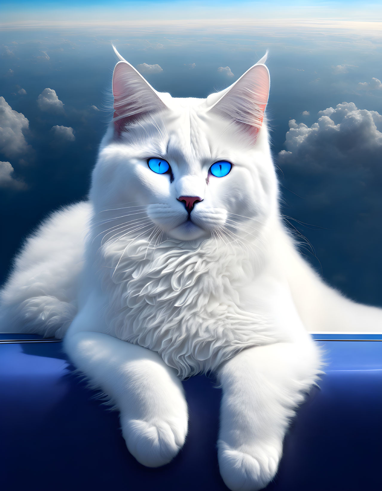 Majestic white cat with blue eyes against blue sky