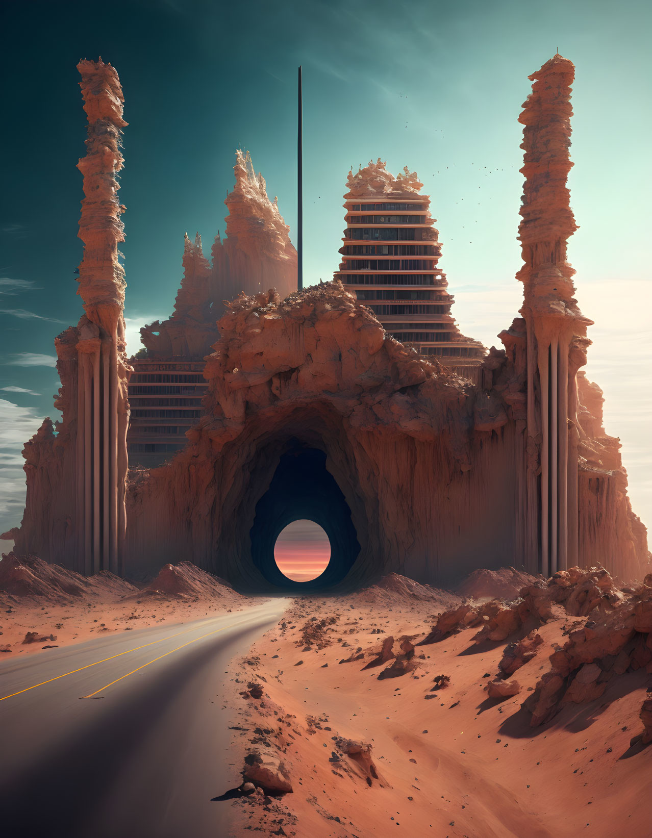 Futuristic towers rise above desert landscape with tunnel entrance